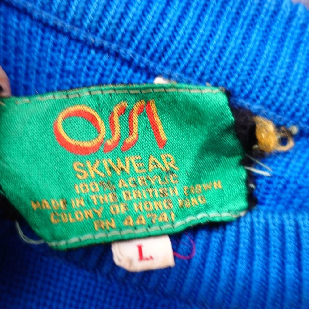 Vintage Ski Sweater Womens L Blue Yellow Red Colorblock Stripe 70s OSSI Slim Fit